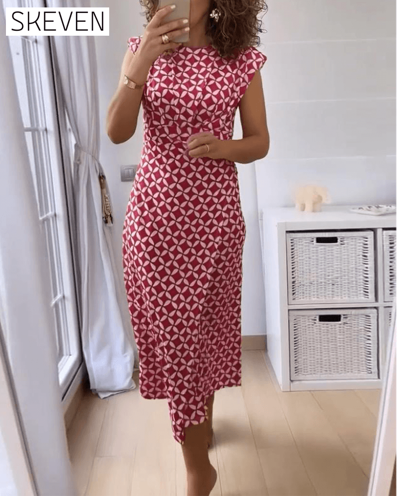 Geometric print round neck sleeveless elegant dress