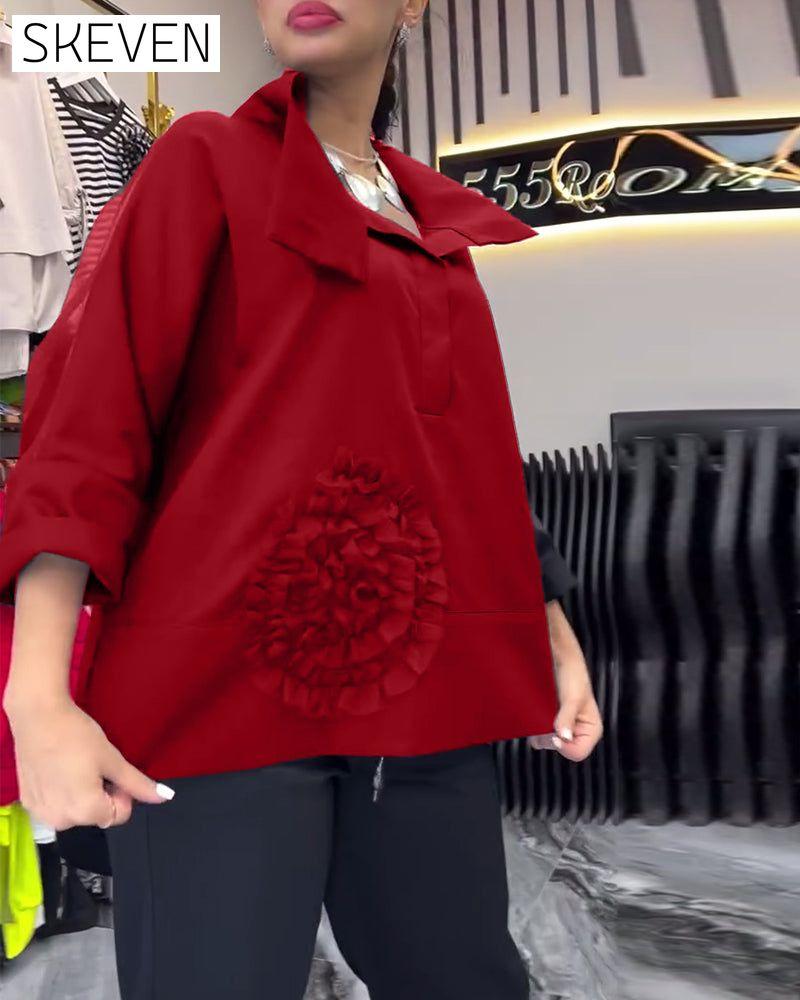 Lapel lace stitching flower blouse