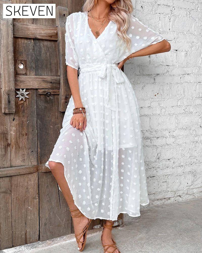 Solid color v neck elegant dress