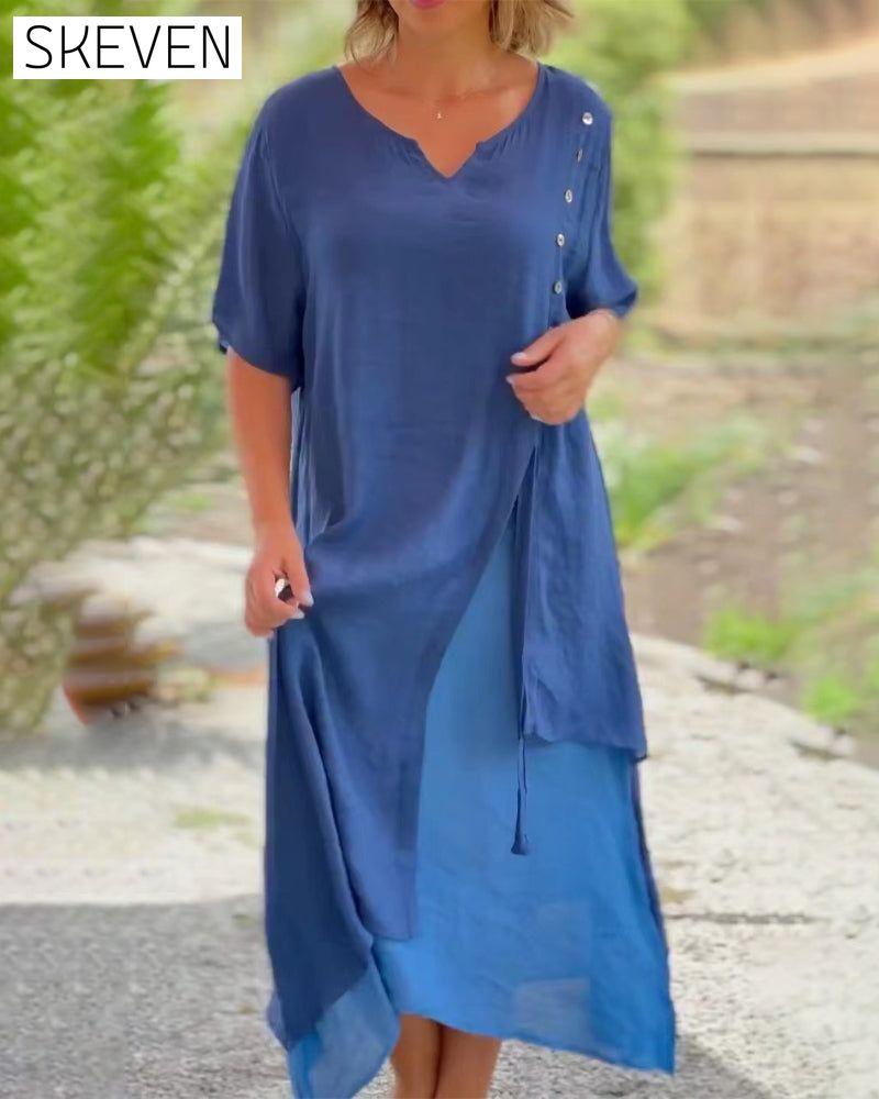 Casual Asymmetrical Dress with Short Sleeves Blue 23BF Casual Dresses Clothes Dresses Spring Summer