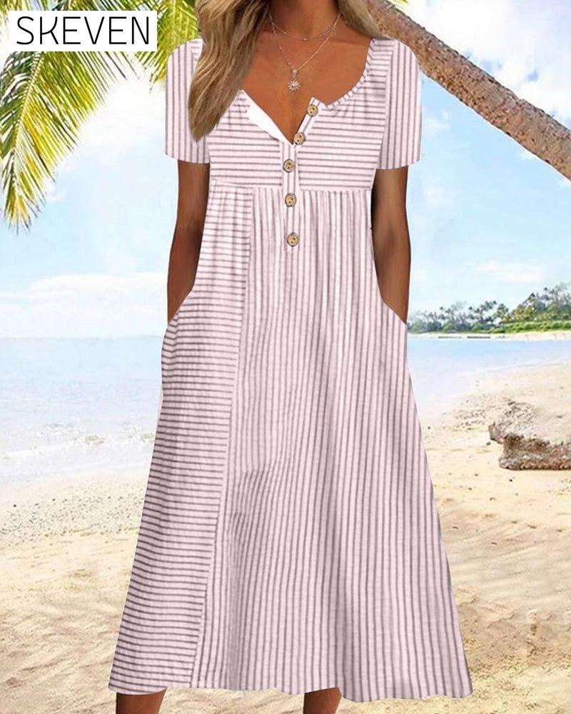 Striped Print Short Sleeve Dress Pink 23BF Casual Dresses Clothes Dresses SALE Spring Summer