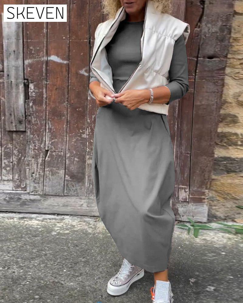 Simple solid color pocket long sleeve elegant dress