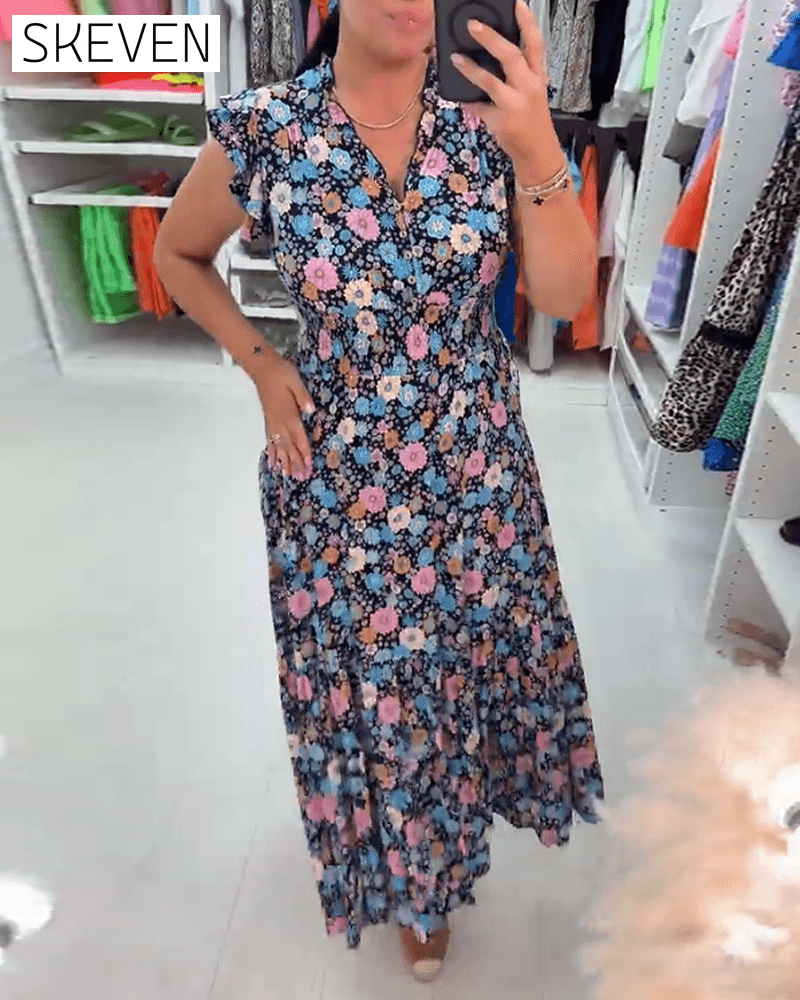 Ärmelloses Kleid mit V-Ausschnitt und Blumenmuster