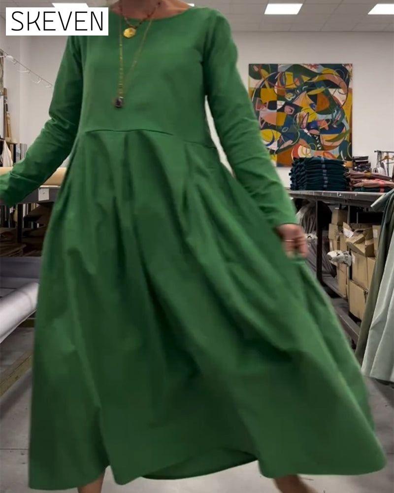 Solid color round neck dress