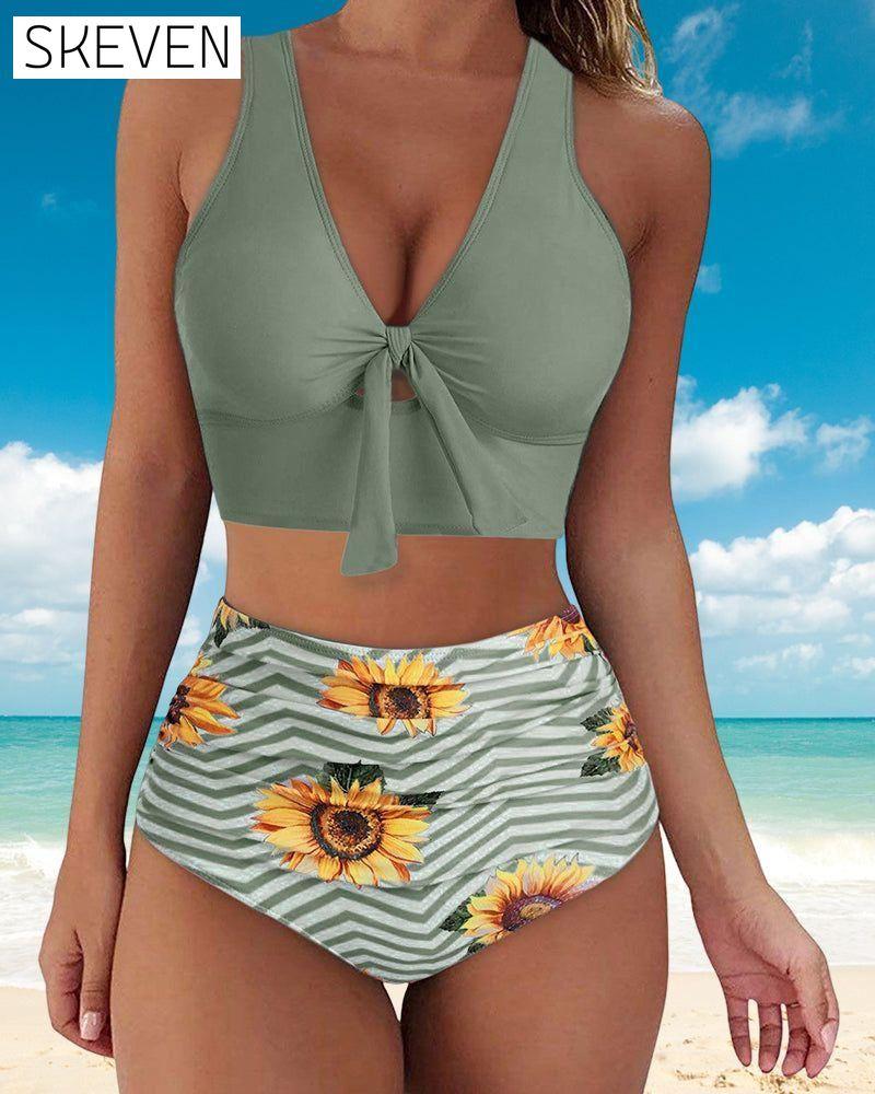 High Waist Push Up Floral Print Bikinis Green 23BF Bikinis Clothes Summer Swimwear