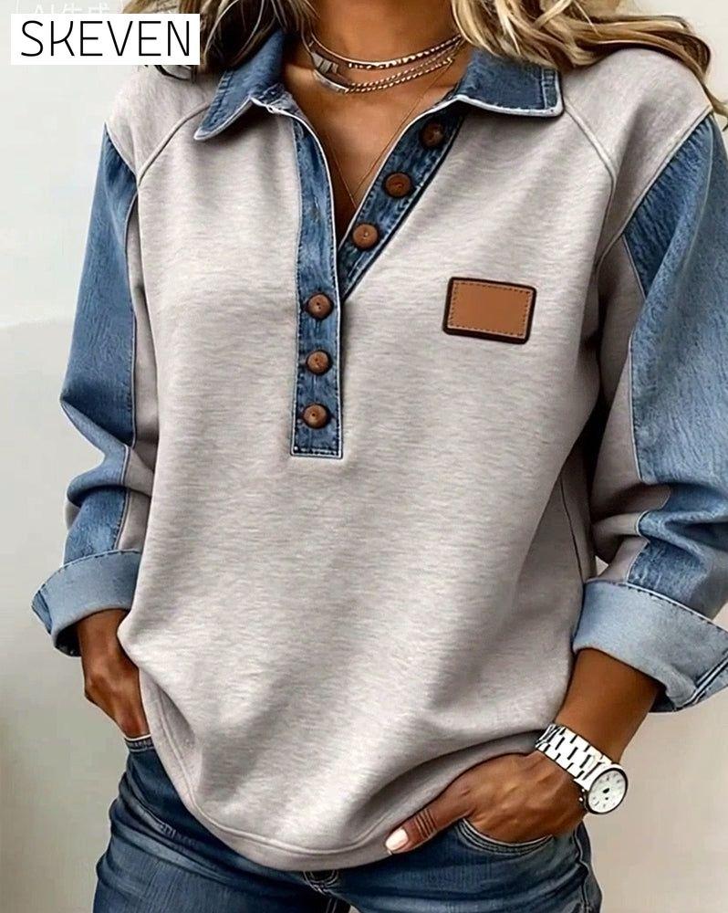 Sweat-shirt à manches longues en patchwork de denim élégant