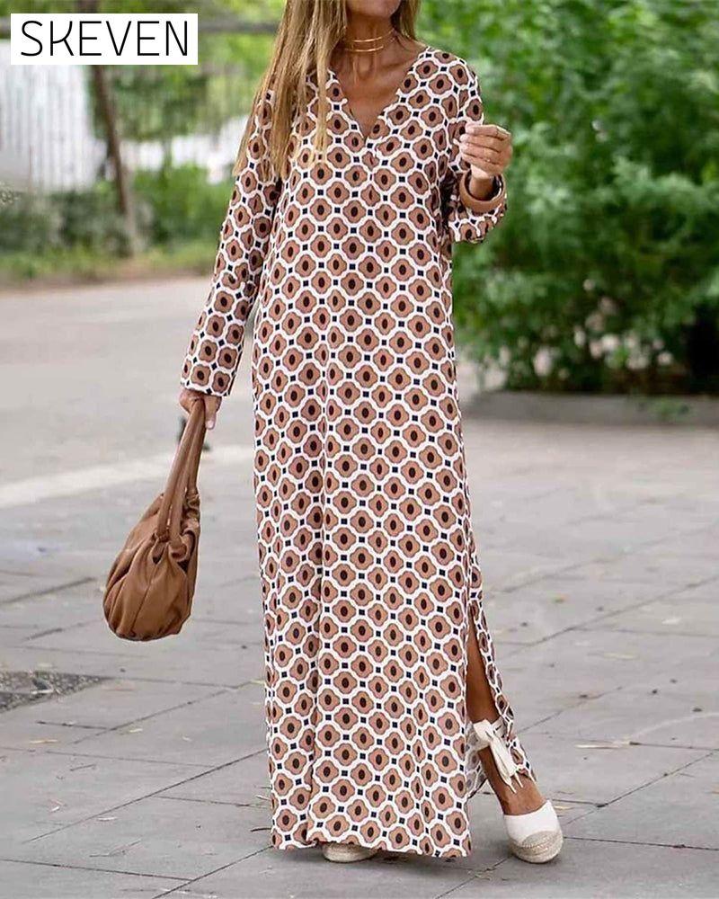 Batik print long sleeve long dress Brown 23BF Casual Dresses Clothes Dresses Spring