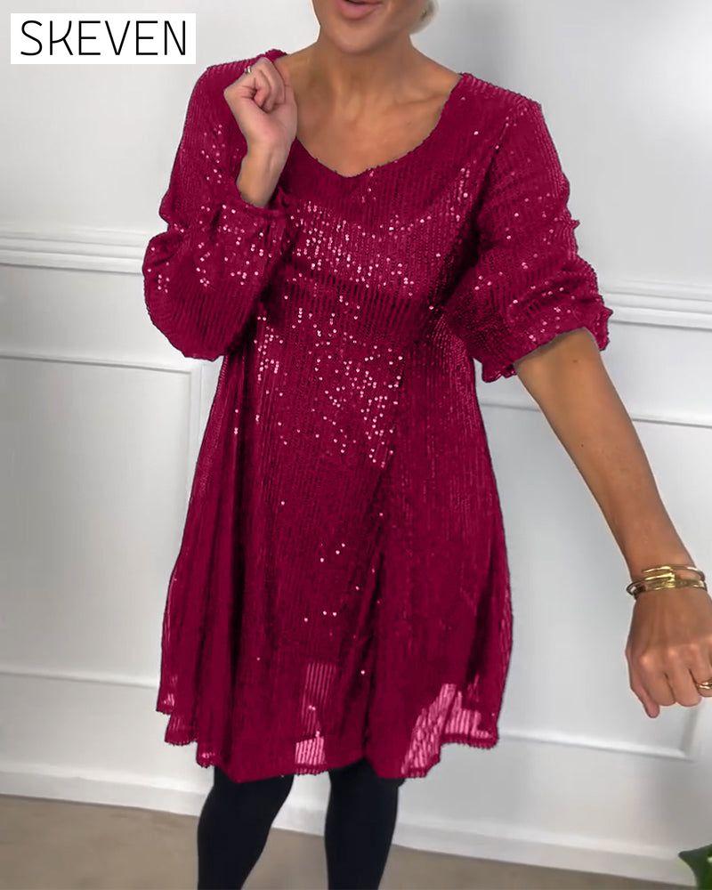 Elegantes, paillettenbesetztes A-Linien-Kleid mit Laternenärmeln