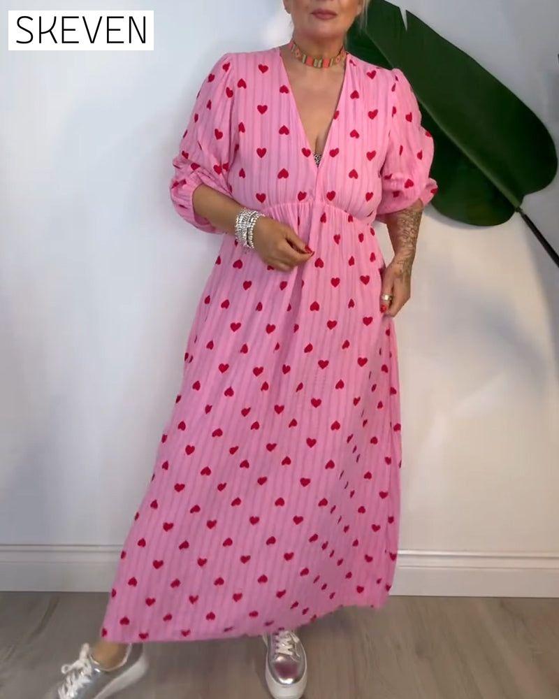 Robe élégante à col en V et imprimé cœur