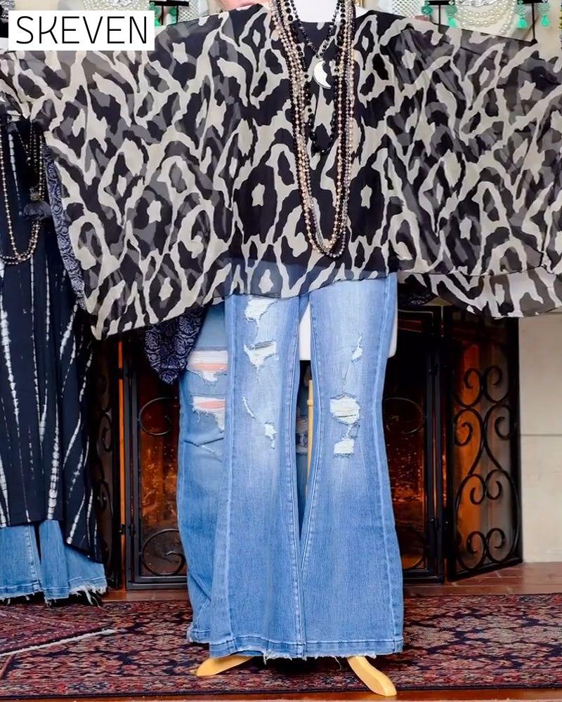 Batwing Sleeve Print Long Sleeve Blouse