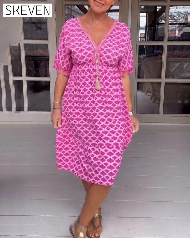 Printed v-neck fringed dress