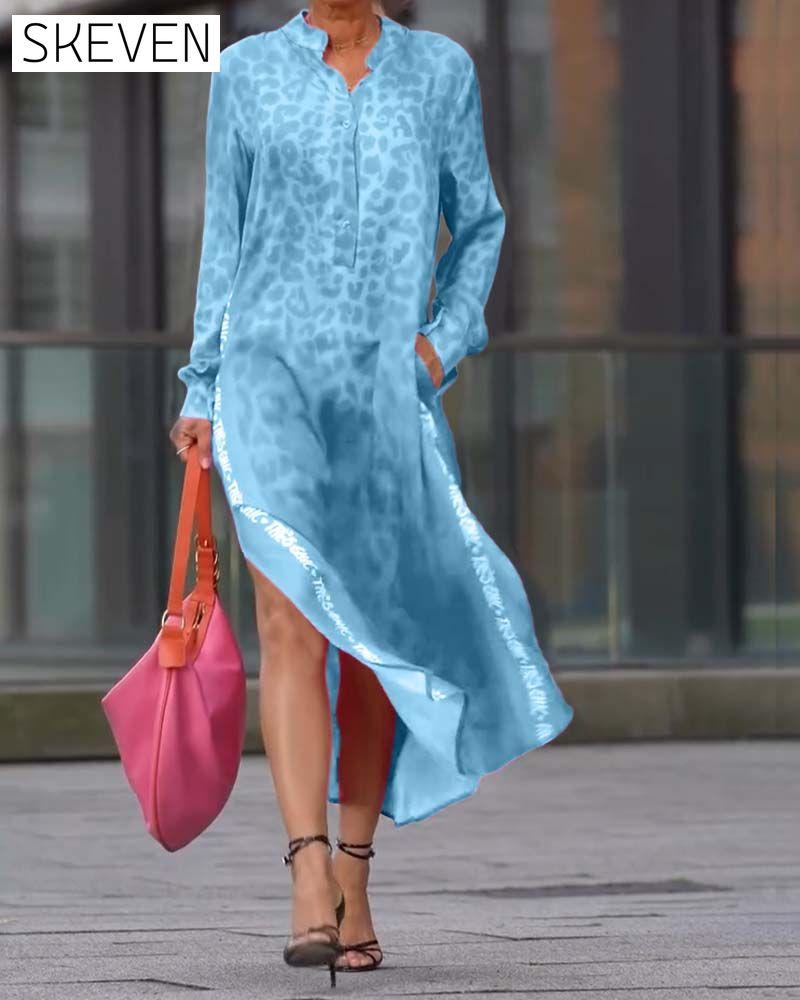 Long-Sleeved Leopard Print Slit Dress