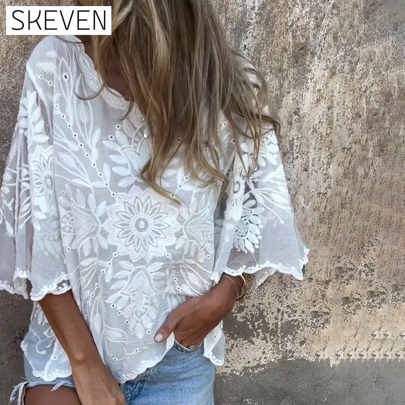 Butterfly Sleeve Round Neck Embroidered Blouse