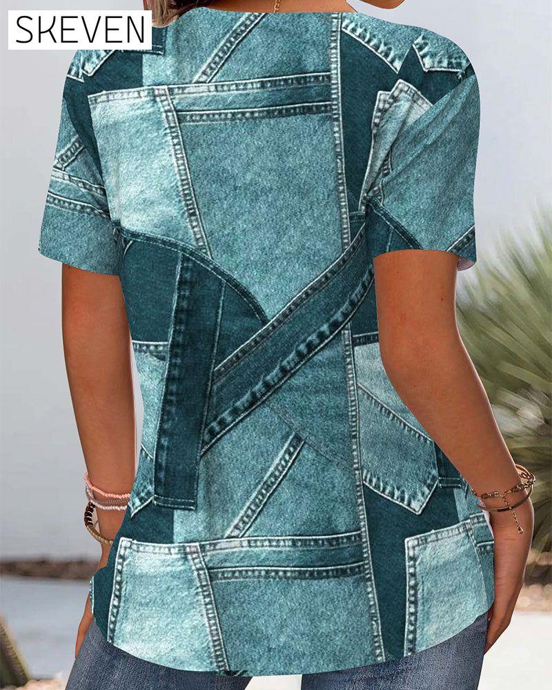 Vintage-Denimbluse mit Kontrastausschnitt
