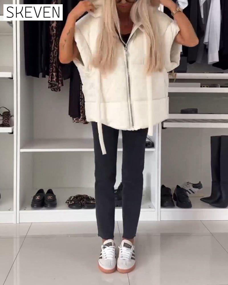 Hooded solid color zipper short sleeve padded jackets