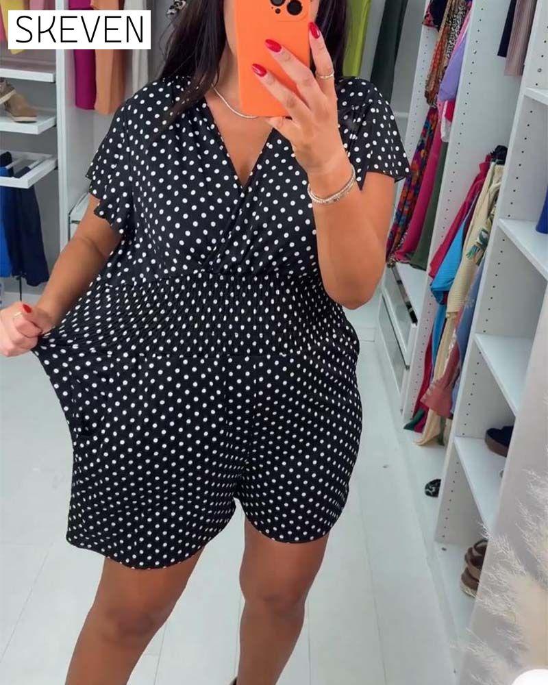 Lässiger Jumpsuit mit V-Ausschnitt, kurzen Ärmeln und Polka-Dot-Print