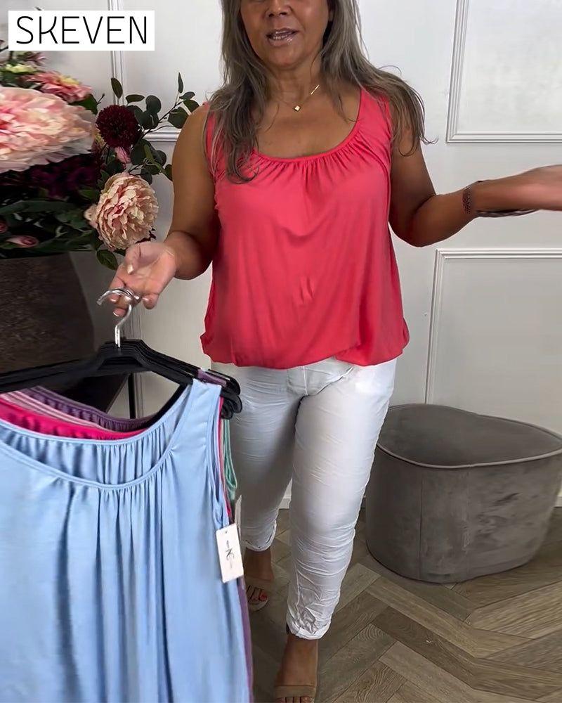 Ärmelloses, einfarbiges, plissiertes Tanktop