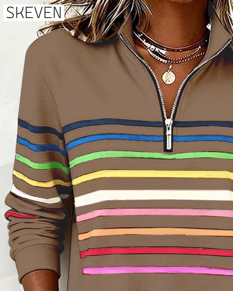 Modisches Sweatshirt mit Regenbogenstreifen und halbem Reißverschlusskragen