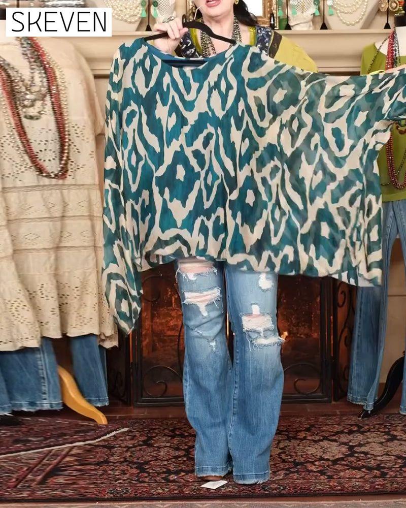 Batwing Sleeve Print Long Sleeve Blouse