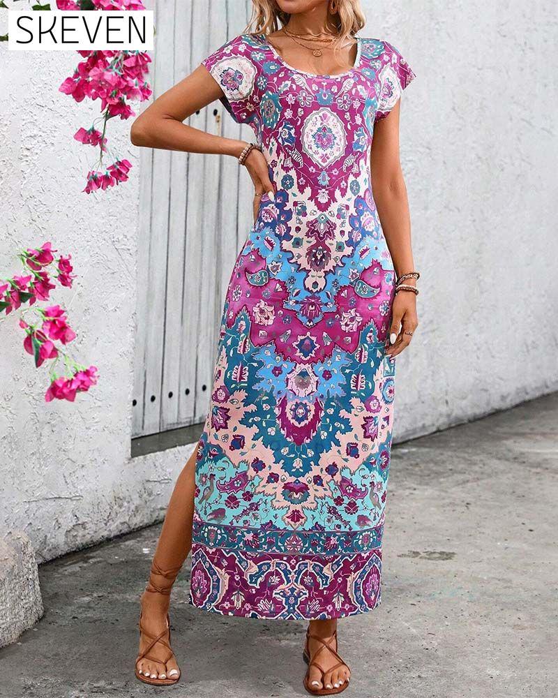 Robe décontractée imprimée colorée avec fentes
