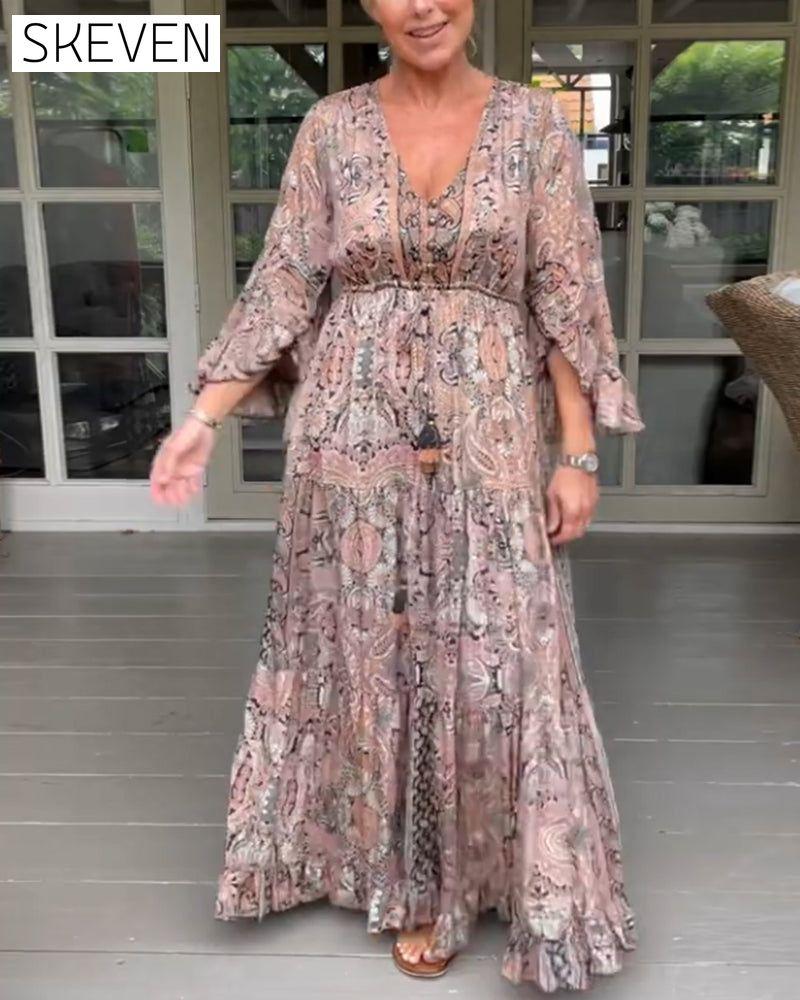 V-neck printed ruffled sleeve dress