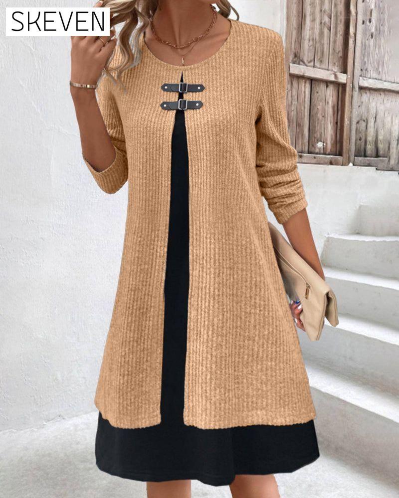Patchwork rib long sleeve dress Brown 2023 f/w 23BF casual dresses Clothes Dresses