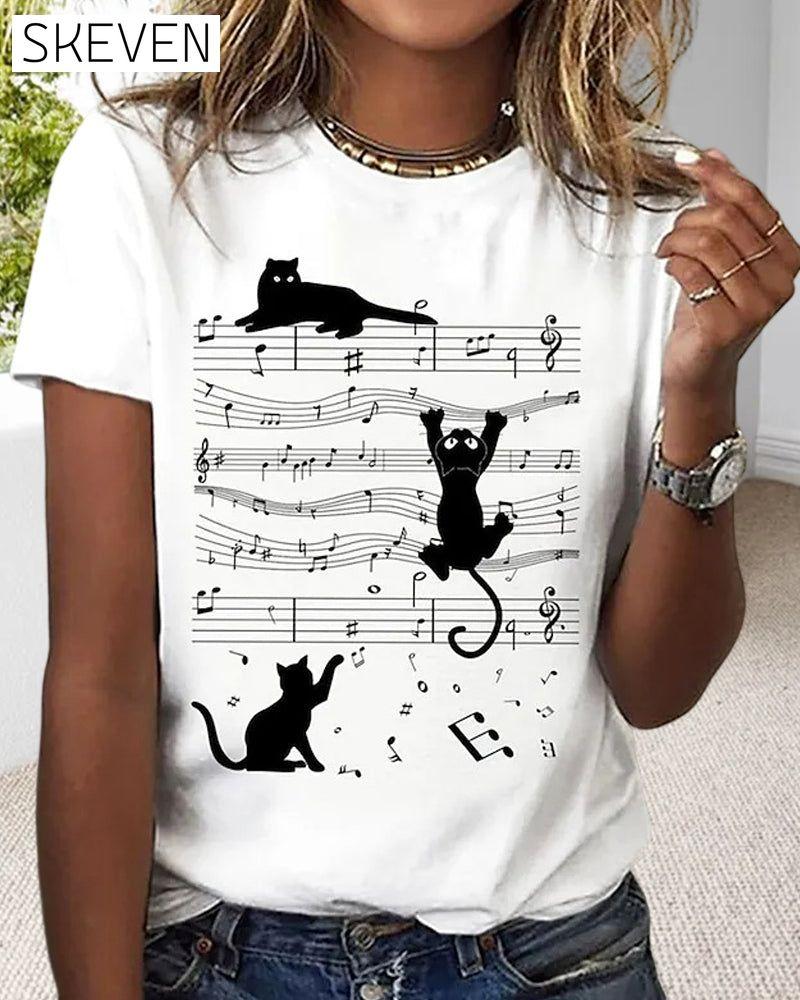 T-shirt à col rond imprimé chat musical