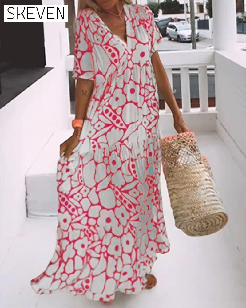 Printed v-neck loose dress Fuchsia 23BF Casual Dresses Clothes Dresses Spring Summer