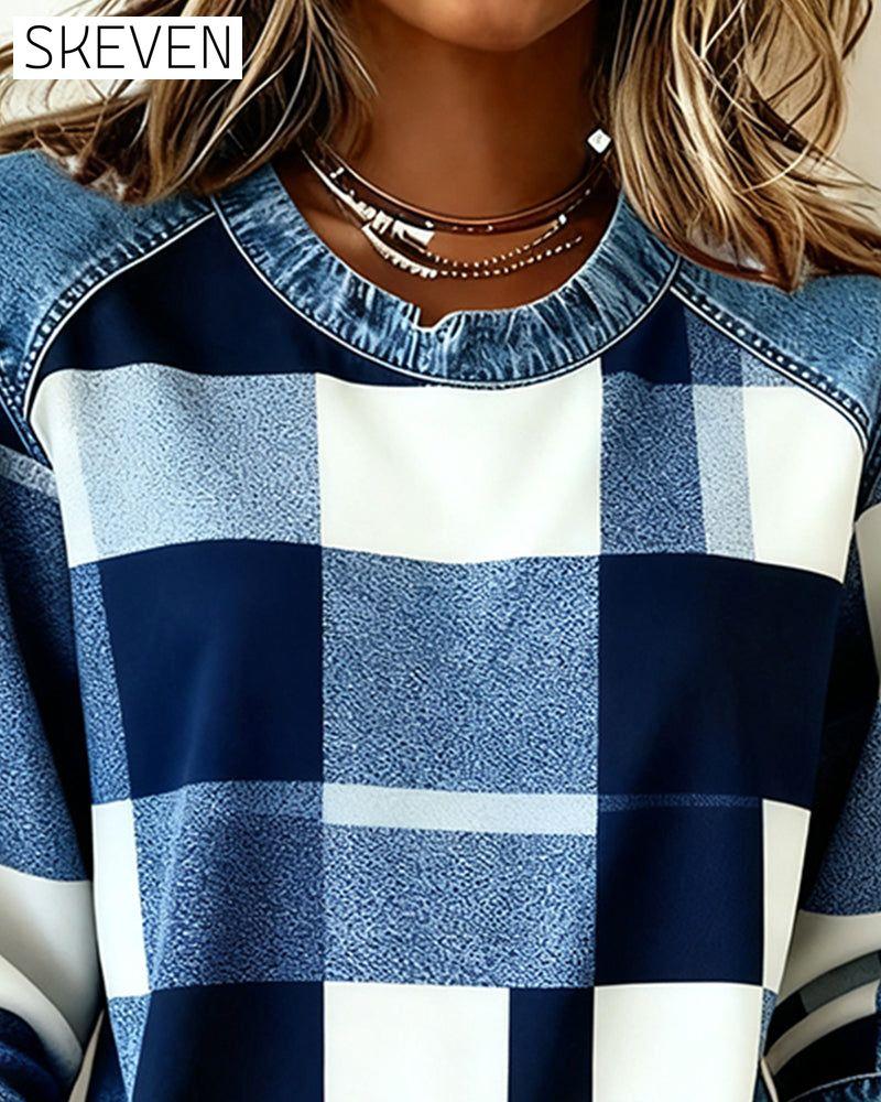 Plaid Patchwork Contrast Color Sweatshirt