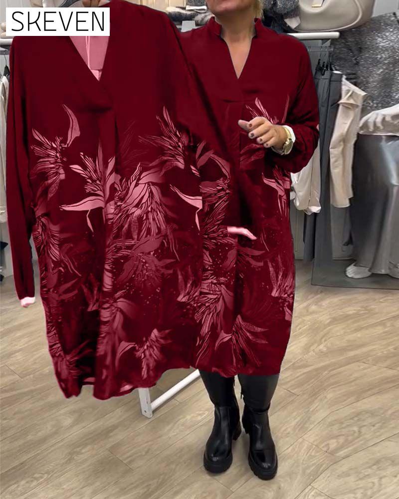 V-Neck Leaf Print Long-Sleeved Dress