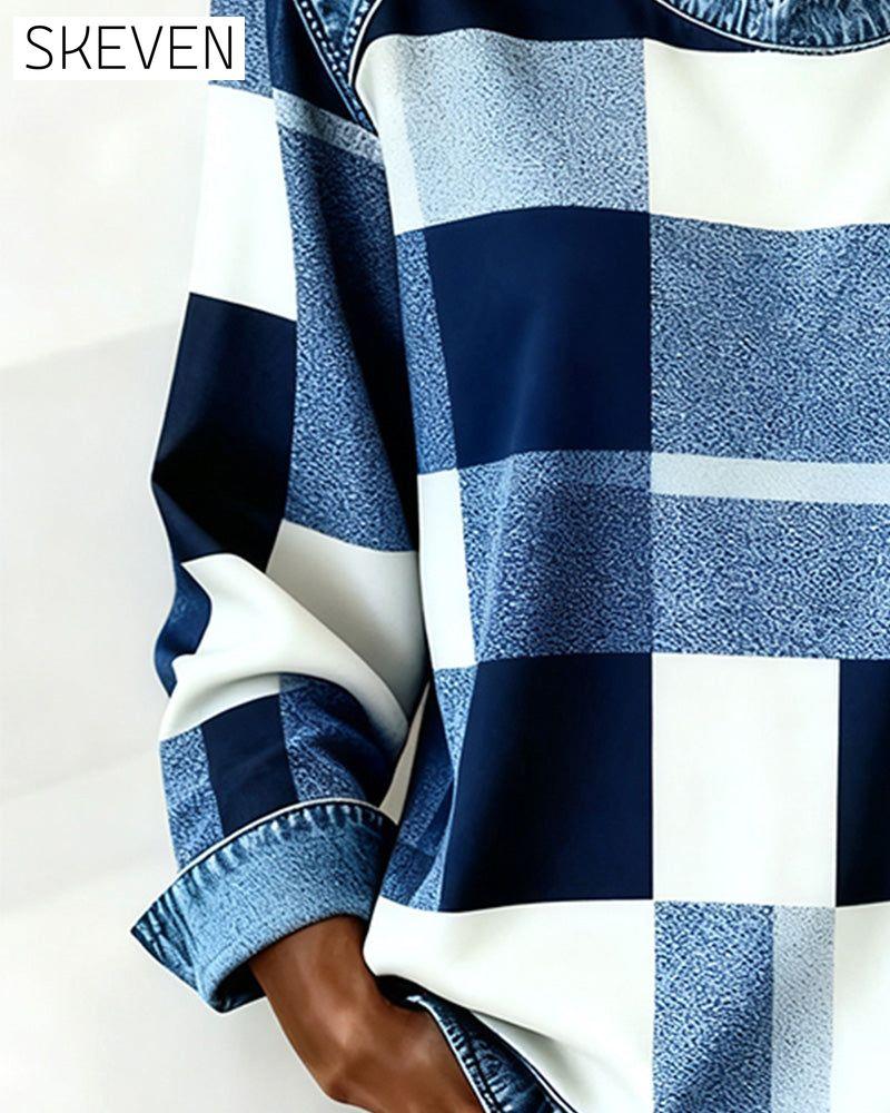Plaid Patchwork Contrast Color Sweatshirt