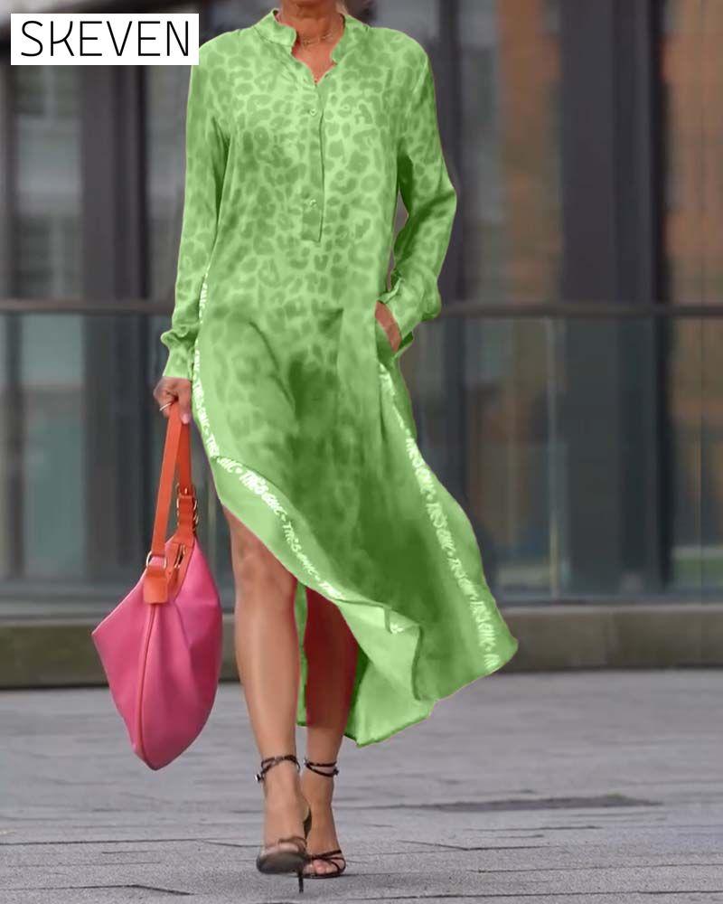 Long-Sleeved Leopard Print Slit Dress