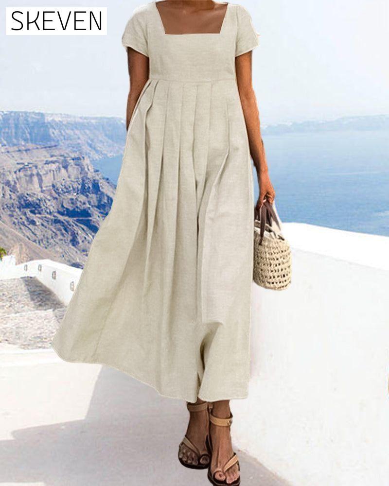 Cotton and linen square collar dress 23BF Casual Dresses Clothes Cotton and Linen Dresses Spring Summer