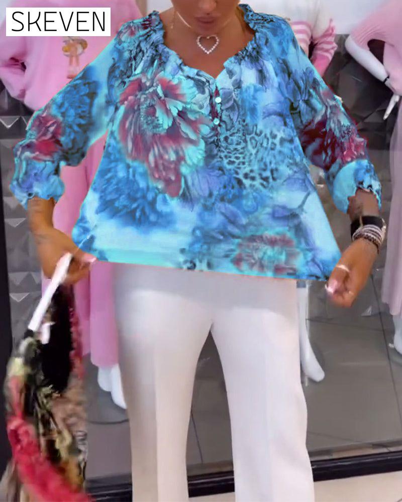 V-Neck Floral Print Blouse