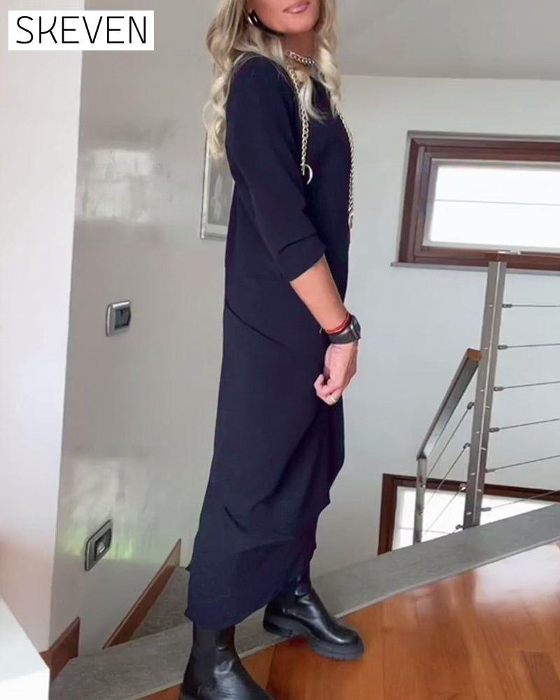 Round neck pleated solid color elegant dress