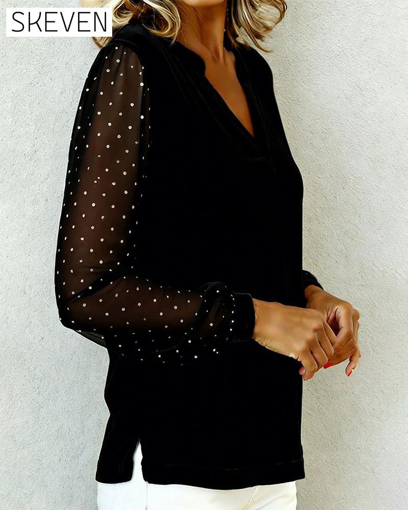 Long-Sleeved Velvet V-Neck Top