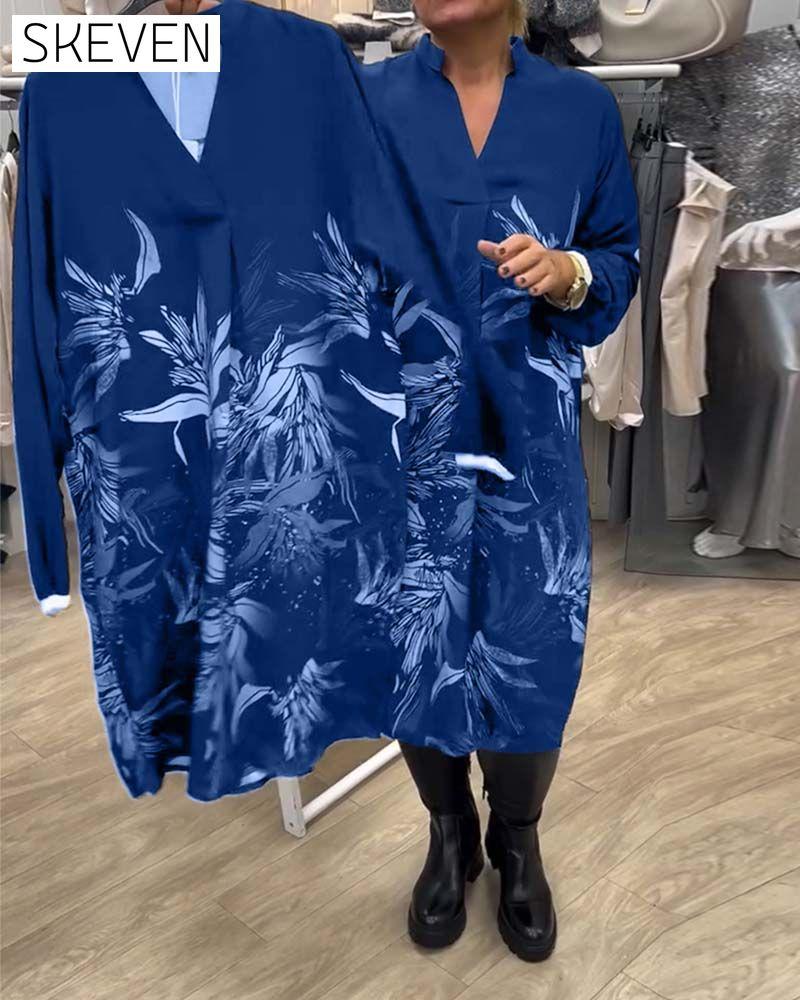 V-Neck Leaf Print Long-Sleeved Dress
