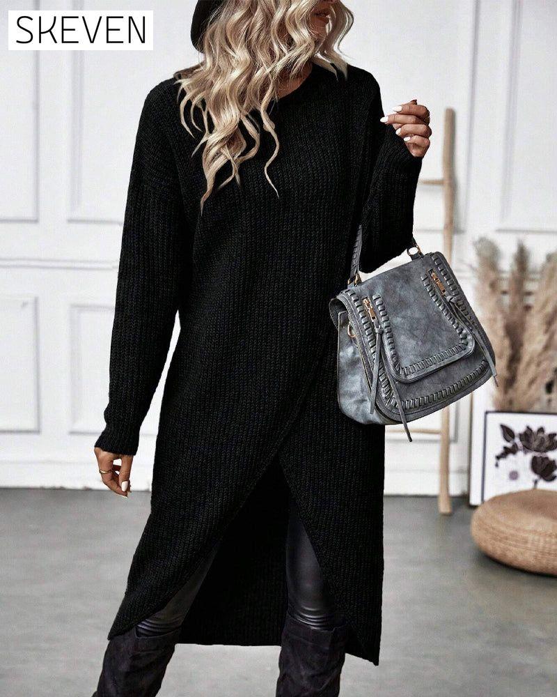 Strickkleid in Unifarbe mit unregelmäßigem Saum