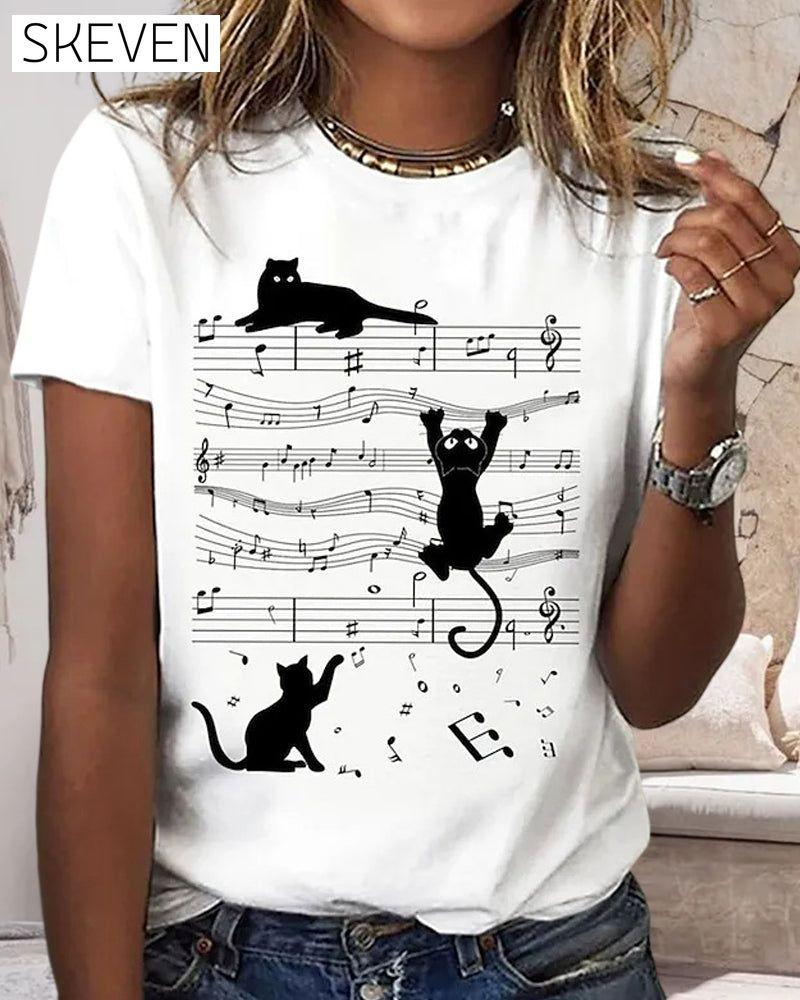 T-shirt à col rond imprimé chat musical