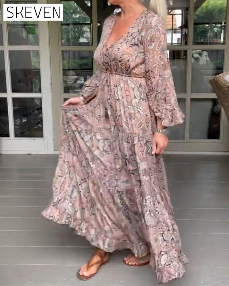 V-neck printed ruffled sleeve dress
