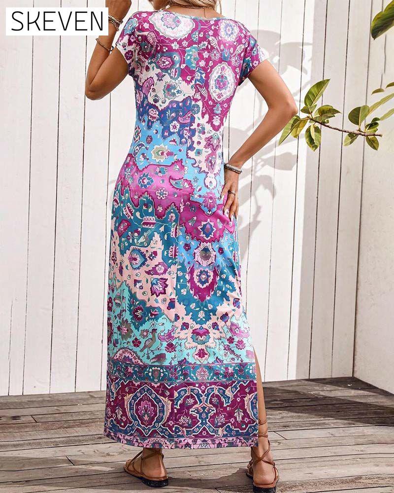 Robe décontractée imprimée colorée avec fentes