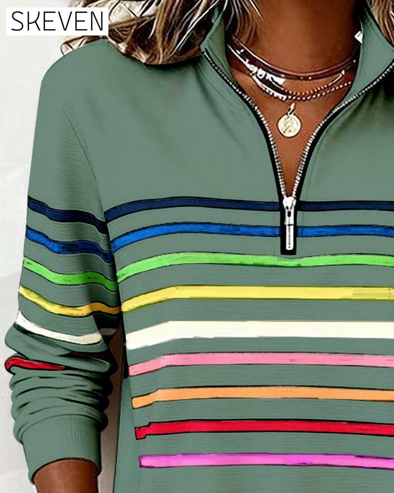 Modisches Sweatshirt mit Regenbogenstreifen und halbem Reißverschlusskragen