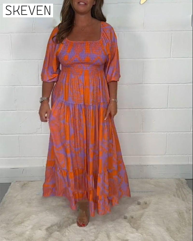 Kleid mit eckigem Ausschnitt und Print, halblangen Ärmeln