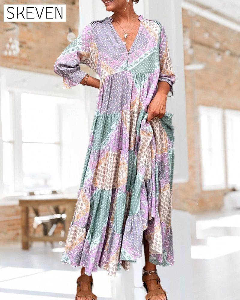 Color Block Print Dress with 3/4 Sleeves 23BF Casual Dresses Clothes Dresses Spring Summer