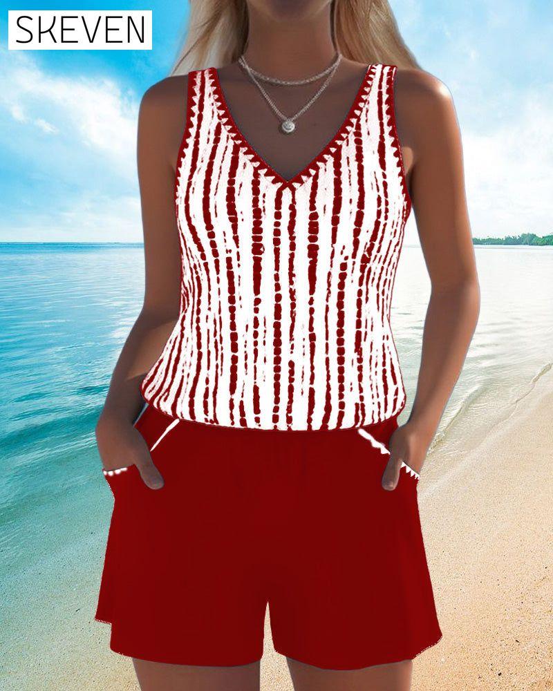Casual Pocket V-Neck Printed Two-Piece Swimsuit