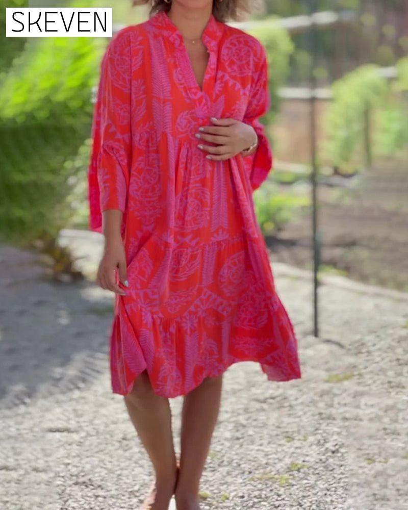 Boho Geometric Print 3/4 Sleeve Dress 23BF Casual Dresses Clothes Dresses Spring Summer