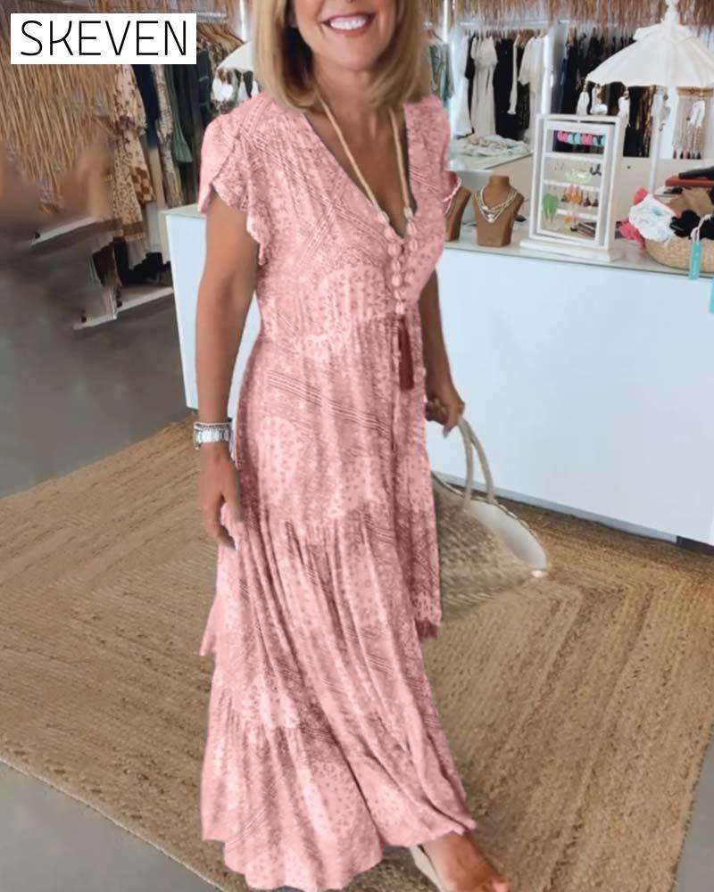 Vacation print V-neck split sleeve dress