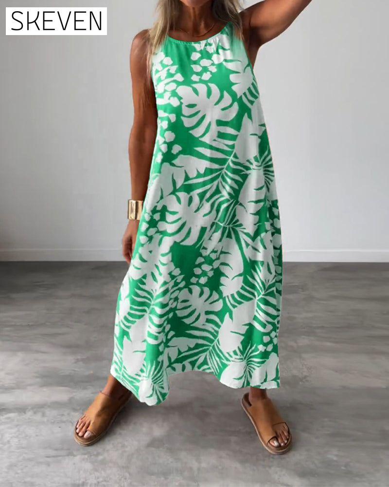 Leaf print casual sleeveless dress
