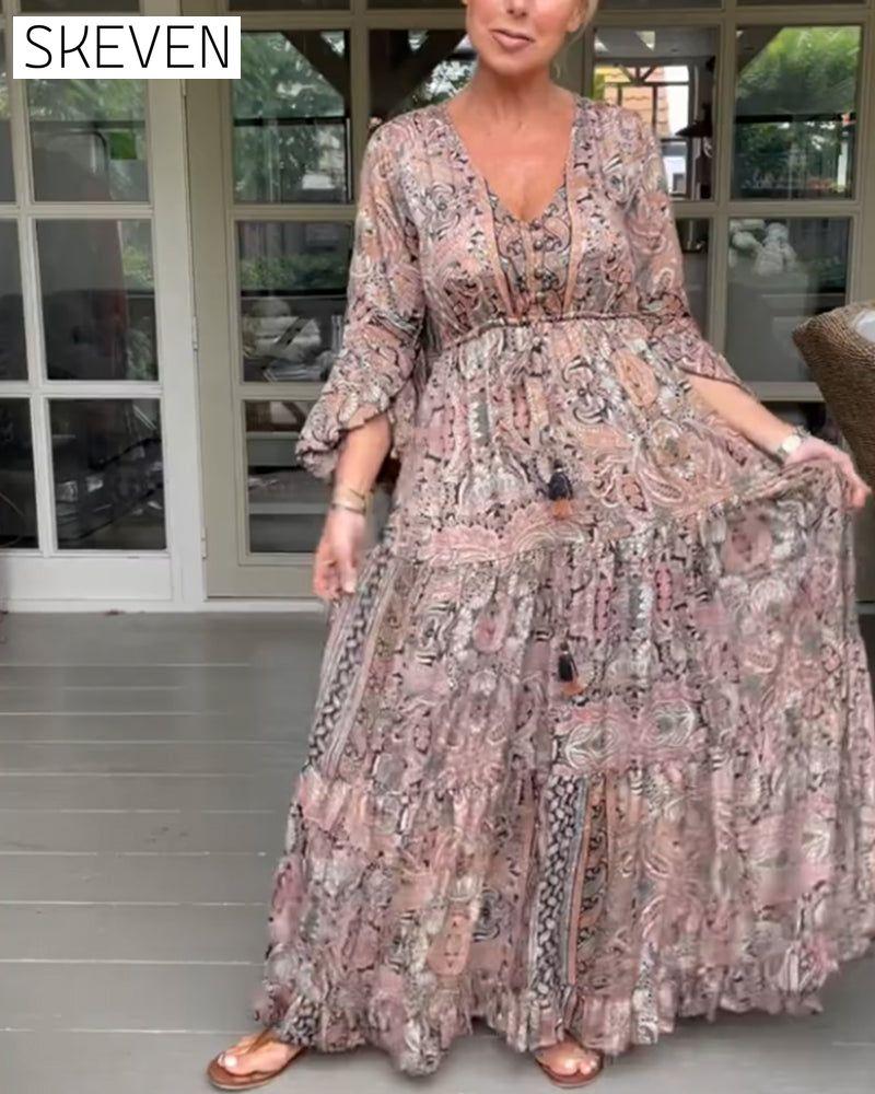 V-neck printed ruffled sleeve dress