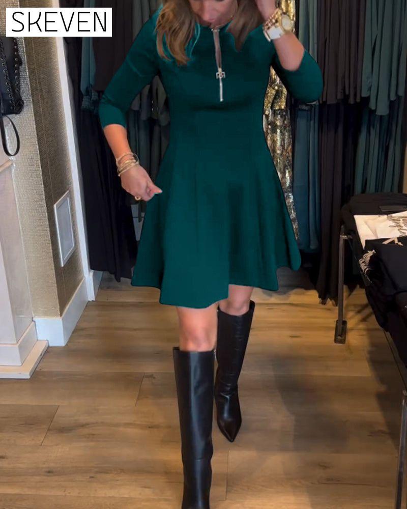 Solid color zipper elegant dress